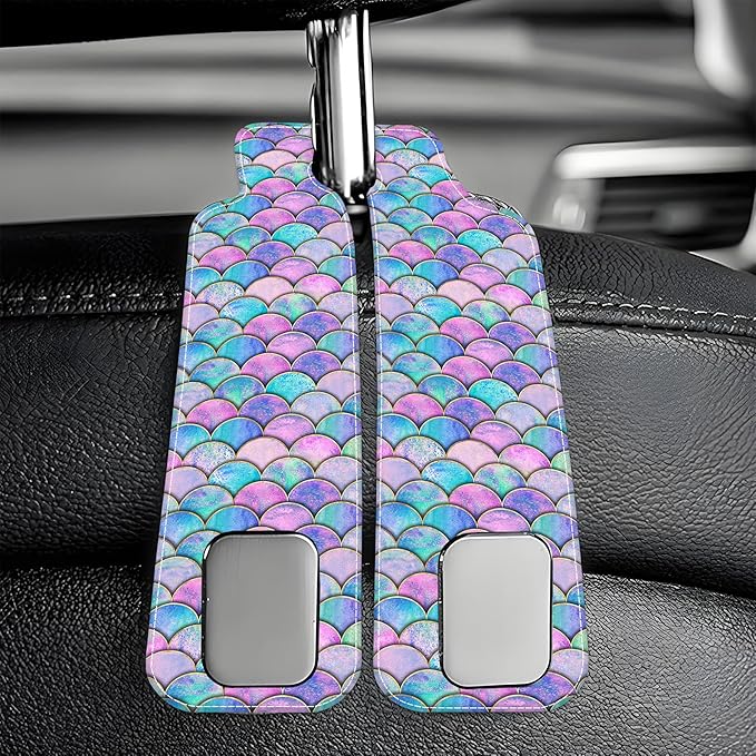 Car Headrest Purse Hanger Watercolor Mermaid Fish Scale 1 Pack Bag Purse Holder for Car Premium Leather Double Metal Hook for Handbags, Grocery Bags and Phones