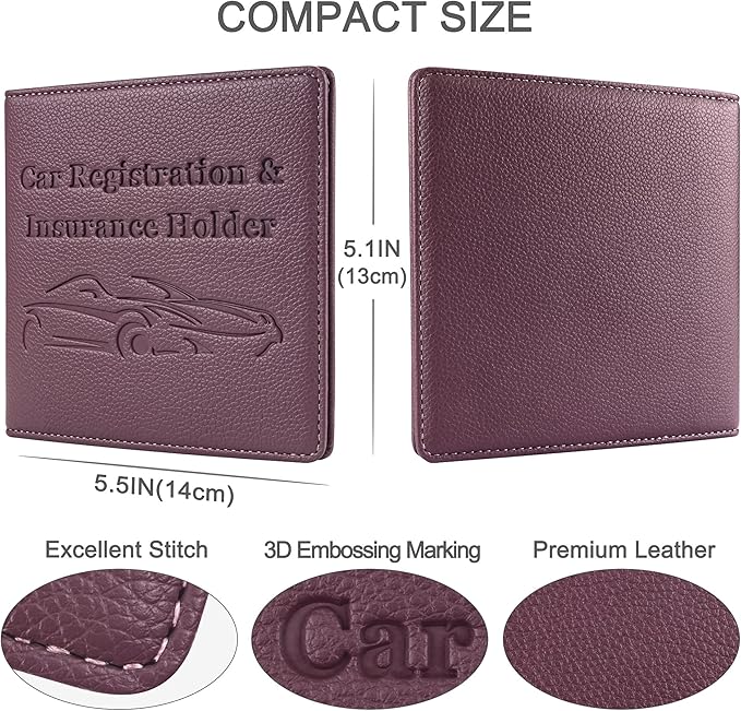 New Fashion Kingdom Car Registration and Insurance Holder, Premium PU Leather Vehicle Glove Box Car Organizer Men Women Wallet Accessories Case for ID, Driver's License - Purple