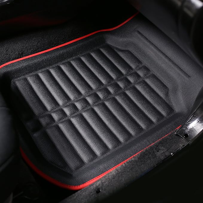 FH Group Automotive Floor Mats - PU Leather Floor Mats, Deep Dish Design, Floor Mats for Cars, Universal Fit Floor Mats Front Set, Floor Mats for Most Sedan, SUV, Truck Floor Mats Red Black