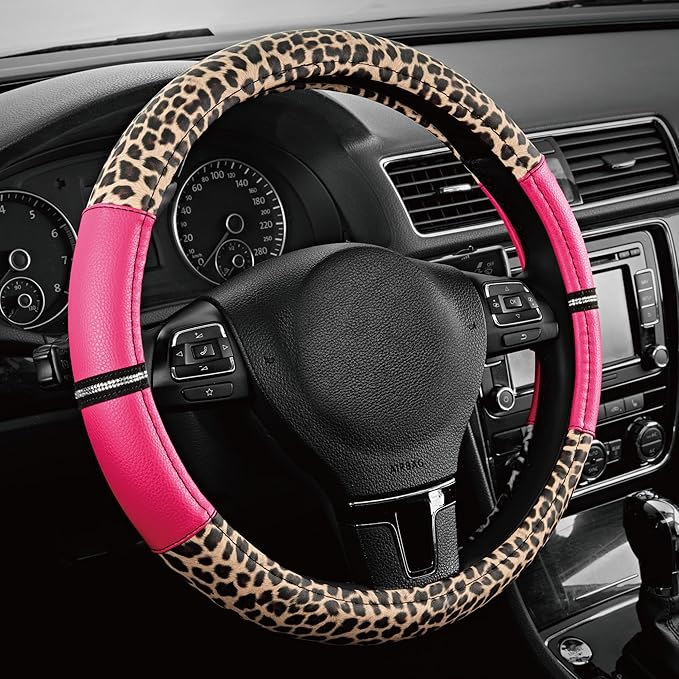 Road Comforts Leopard Steering Wheel Cover - Made with PVC Leather Cheetah Print - Anti-Slip, Universal Fit 14 1/2 inches to 15 inches - Hot Pink