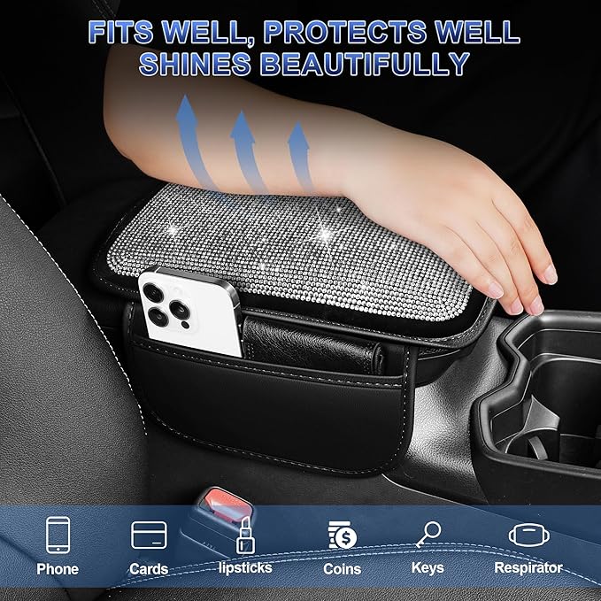 Bling Diamond Car Center Console Cover Custom Fit for Subaru Legacy Leather Car Armrest Cover Cushion with 2 Storage Pockets