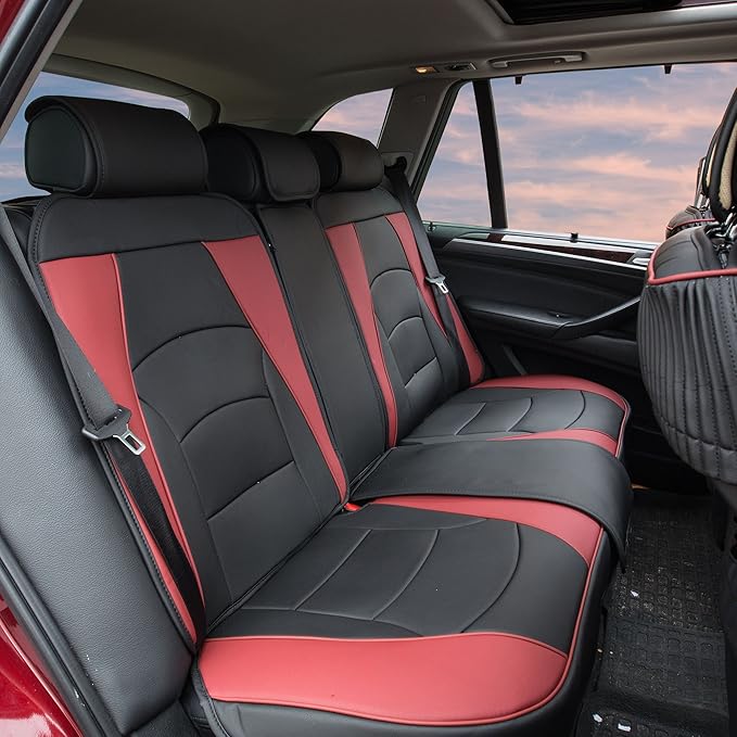 FH Group Back Seat Faux Leather Car Seat Cover, Universal Fit, Rear Seat Covers for Cars with Rear Split Bench, Car Interior Accessories for SUV, Sedan, Van, Burgundy/Black