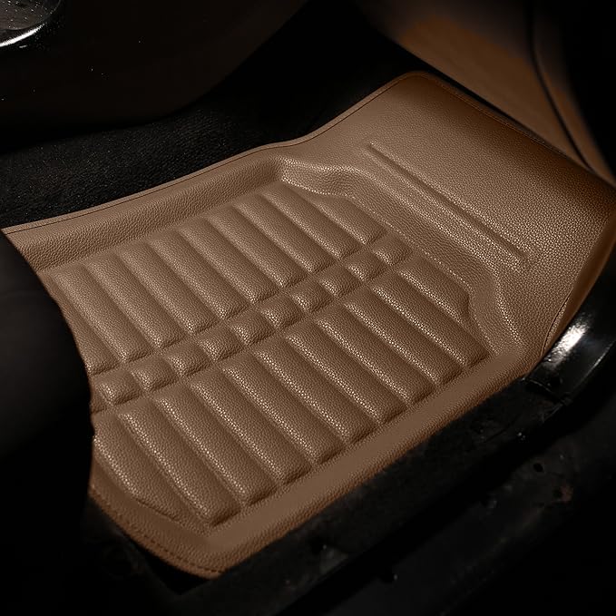 FH Group Automotive Floor Mats - PU Leather Floor Mats, Deep Dish Design, Floor Mats for Cars, Universal Fit Floor Mats Front Set, Floor Mats for Most Sedan, SUV, Truck Floor Mats Solid Beige
