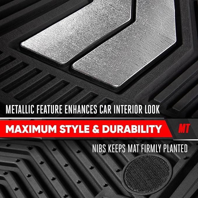 MotorTrend FlexTough Shield Black & Silver All-Weather Floor Mats for Car Truck SUV, Heavy Duty Waterproof Rubber Car Mats, Trim to Fit Car Accessories, Interior Protection Front Rear Floor Liners