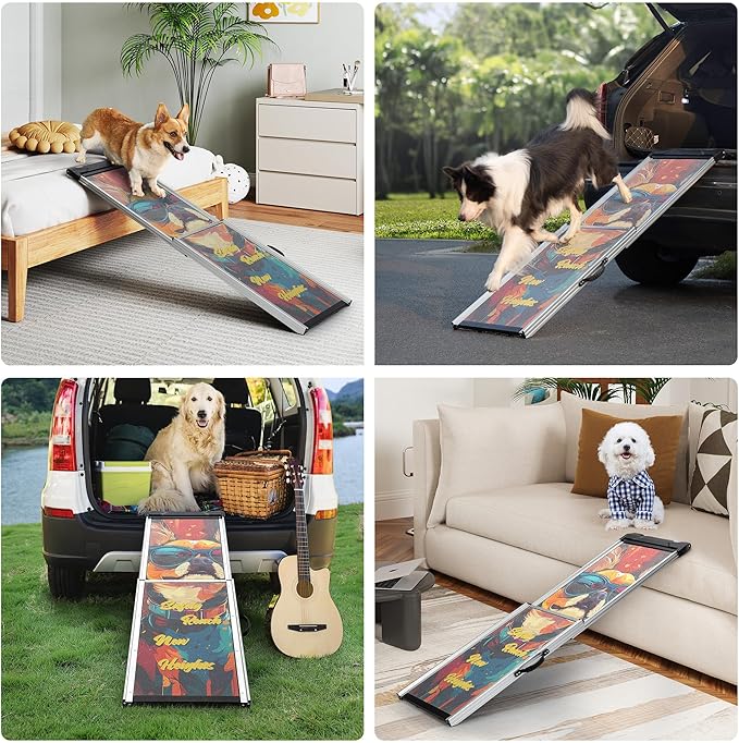 COZIWOW Telescoping Dog Car Ramp for Large Dogs - Heavy-Duty Aluminum Pet Ramp with High-Traction Surface, Anti-Slip Steps for Cars/Trucks/SUVs,Adjustable Sizing,330LB Load Capacity(Easy to Carry)