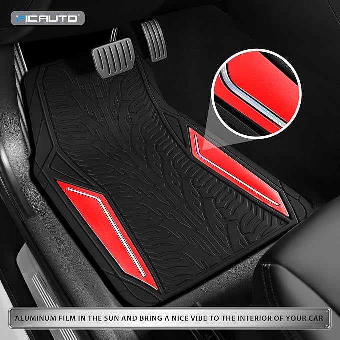 PIC AUTO Rubber Floor Mats, Red Aluminum Film with Colorful Piping Floor Mats for Cars, Car Mats with Non-Slip Backing, All-Weather Protection, Trim-to-Fit Liner for Cars, SUVs, Trucks, Vehicles