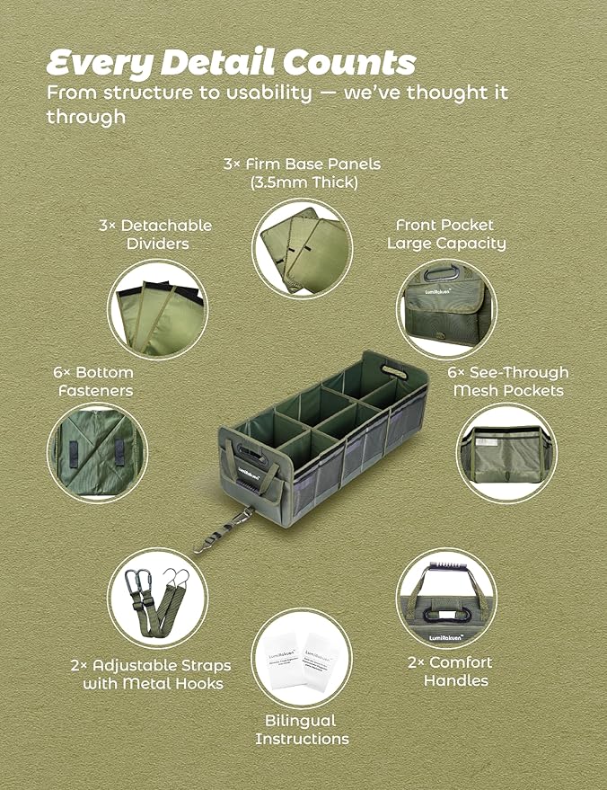 LumiRakuen Collapsible Trunk Organizer For Car with Detachable Lid, Heavy-Duty 1680D fabric, 3.5mm PP Panels, Multi-Compartment, No Sliding Bottom, 2 Adjustable Straps for SUV, Tesla, Truck(XL,Green)