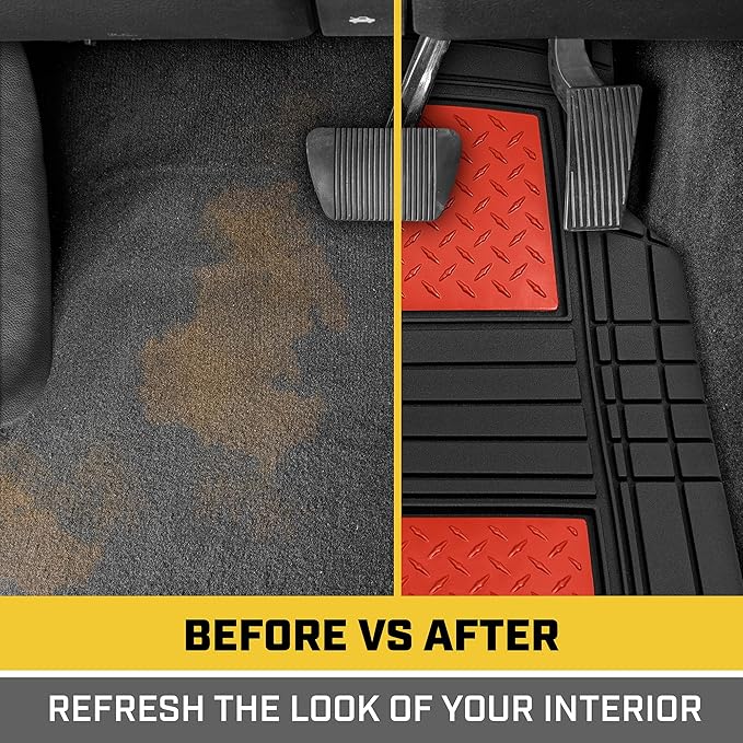 Cat® DiamondShield™ Rubber Floor Mats for Cars Trucks SUV, All Weather Protection, Front and Rear Car Mats with Heel Pad & Anti-Slip Backing, Universal Trim-to-Fit Rubber Floor Mats for Car, Red