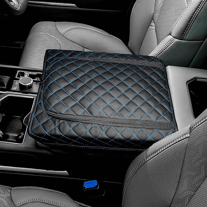 SENSHINE Center Console Armrest Cover for Toyota Tundra 2022-2026/Sequoia 2023-2026 Armrest Seat Stroage Box Cushion Lid Protector Pad with Zipper Leather Interior Accessories, Blue Stitches