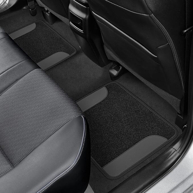 BDK Carpet Floor Mats for Cars, Two-Tone Carpet Car Mat with Faux Leather Accents, Automotive Floor Mat Sets with Built-in Heel Pad, Stylish Interior Car Accessories Grey