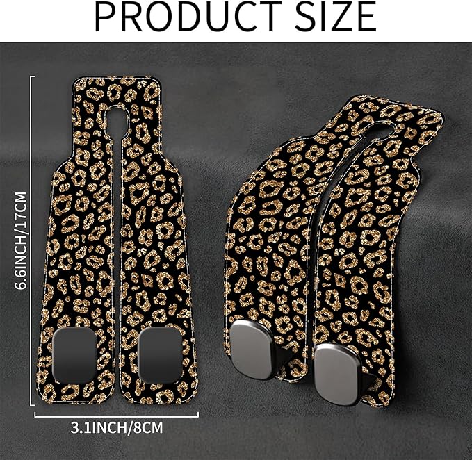 Car Headrest Purse Hanger Abstract Gold Glitter Leopard 1 Pack Bag Purse Holder for Car Premium Leather Double Metal Hook for Handbags, Grocery Bags and Phones