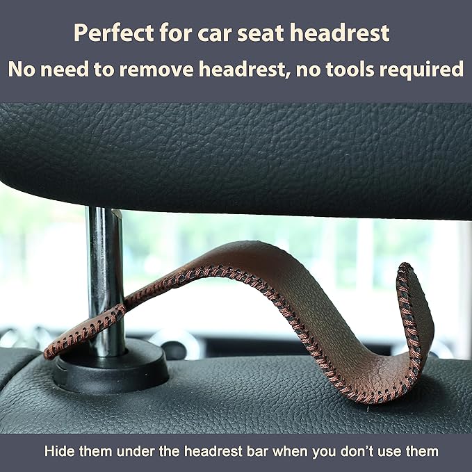 Amooca Car Seat Headrest Hook Universal Vehicle Storage Hanger Leather with Metal Car Seat Back Organizer for Handbag Purse Coat Brown 4 Pack