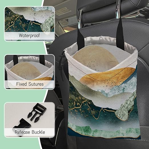 NHNXHWIA Green Mountains Car Garbage Bag,Golden Sunset Waterproof Small Car Trash Bag Hanging Back of Seat,Drawstring Hanging Car Trash Bag with Adjustable Buckle for Car Accessories
