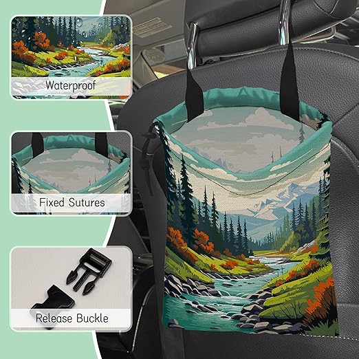NHNXHWIA Mountain Landscape Car Garbage Bag,Forest River Waterproof Small Car Trash Bag Hanging Back of Seat,Drawstring Hanging Car Trash Bag with Adjustable Buckle for Car Accessories
