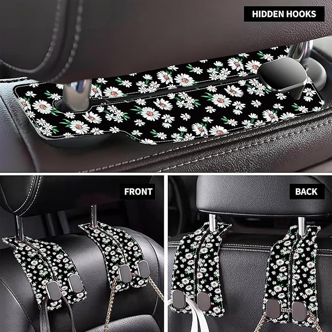 AEWNUNK Purse Hook for Car Little White Daisy Flowers 1 Pack Headrest Back Seat Hook Premium Leather Double Metal Hanger Storage Pack Bag Purse Holder Car Interior Accessories