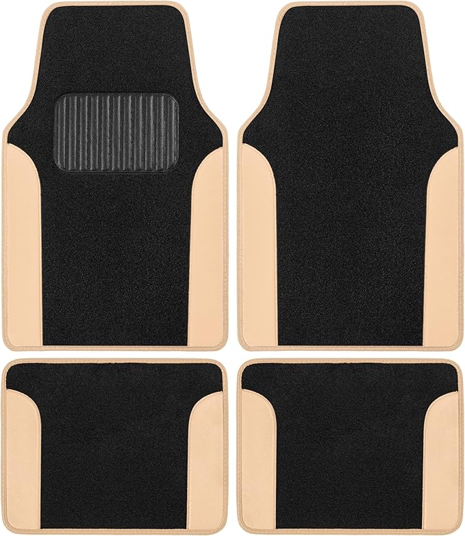 BDK Two-Tone Carpet Car Floor Mats with Faux Leather Accents, Automotive Floor Mat Set with Built-in Heel Pad, Stylish Interior Car Accessories (Beige)