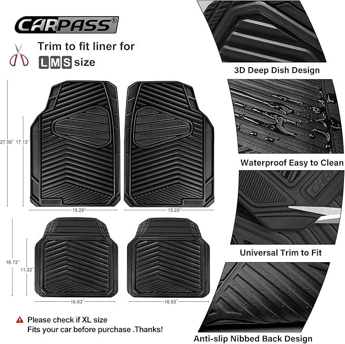CAR PASS Rubber Car Mats, Waterproof Car Floor Mats All Weather,Car Mat Full Set 4 Pieces, Automotive Floor Mat Trim to Fit for Cars Sedans SUVs Trucks, Anti-Slip Easy Clean, All Black