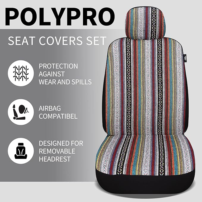 HAIYAOTIMES Baja Saddle Blanket Car Seat Covers Front Set with Seat Belt Pads, Washable Breathable Seat Covers for Cars, Universal Fit Interior Covers for Most Sedan Truck SUV, Airbag Compatible, Red