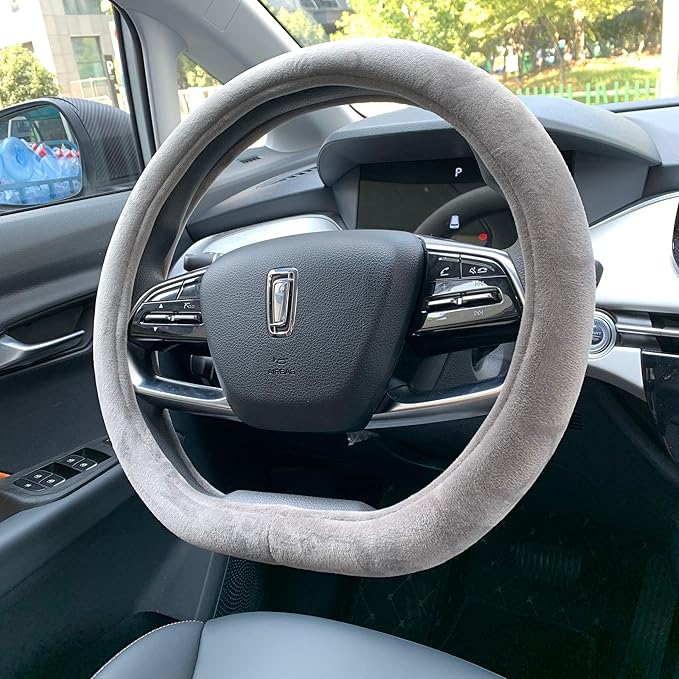 D Shape Fluffy Steering Wheel Cover, Short Plush Auto Accessories for Women with Inner Ring Universal 15 Inch (D-Shape Grey)