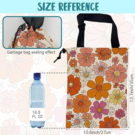 KXWQTRDD Car Trash Bag Hippie Vintage Flowers Leak-Proof Car Garbage Bag with Drawstring Foldable Canvas Trash Bin with Adjustable Buckle for Car Accessories, Travelling, Camping