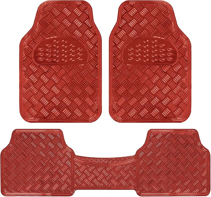 BDK Metallic Chrome Car Floor Mats All-Weather Universal Fit Automotive Floor Mats for Cars SUVs, Floor Mats for Trucks, Car Mats Full Set Front & Rear, Non-Slip Shiny Durable Heavy Duty - Red