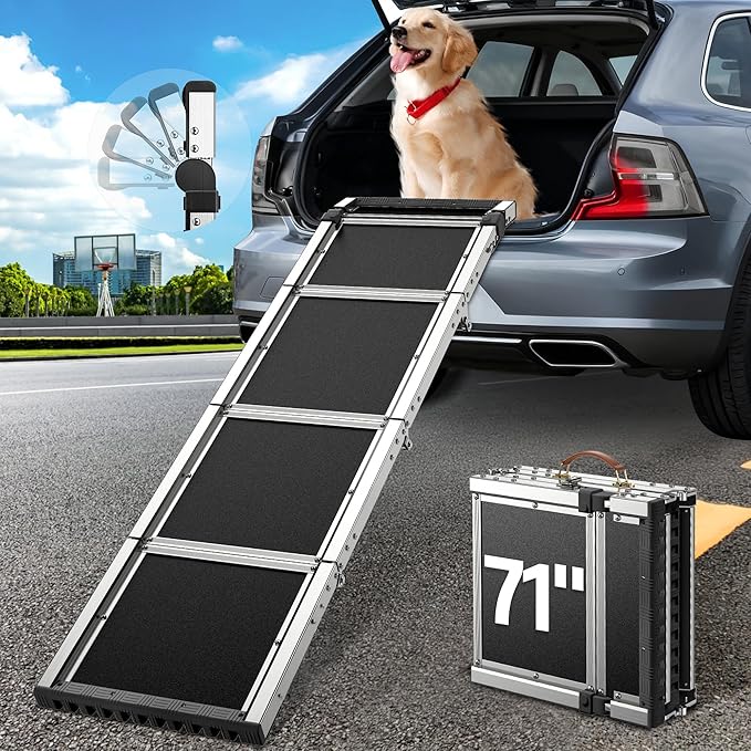 Dog Ramp for Car (200 lbs), Extra L71” W17” Folding Pet Ramp for Large Dogs 90° Adjustable Head, Outdoor Anti-Slip Foldable Dog Car Ramps for SUV Truck Side Door (5 Folded)