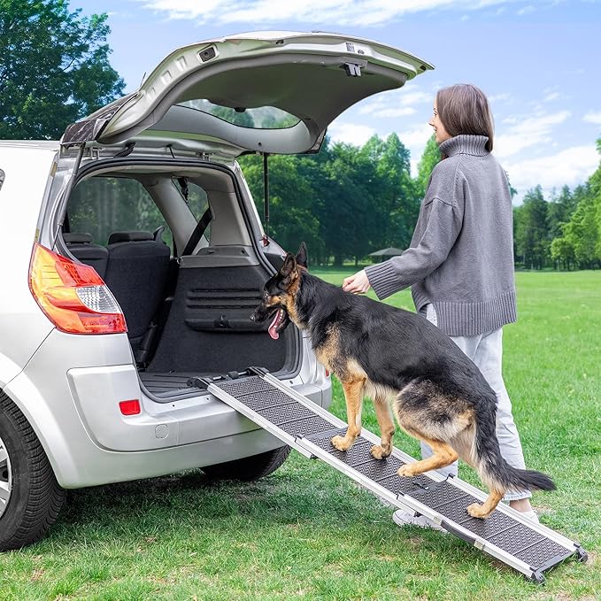 Dog Ramp for Car - Stable Anti-Slip Dog Car Ramp for Large Dogs - 63" Long & 15" Wide - 250LBS Capacity - Telescoping Pet Ramp - Lightweight - Reflective Sides - Fixing Clip - Shadow Gray