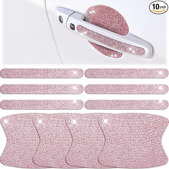 Frienda 10 Pieces Bling Car Accessories for Women Bling Car Door Handle Protector Door Handle Covers for Car Rhinestone Car Bowl Protector Accessories Women Stickers(Pink)