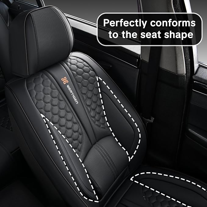 Wertigen Black Leather Car Seat Covers - Luxury Waterproof Car Seat Covers with Lumbar Support, Non-Slip Base, and Airbag Compatibility; Suitable for Sedans, Suvs, and Pickups.