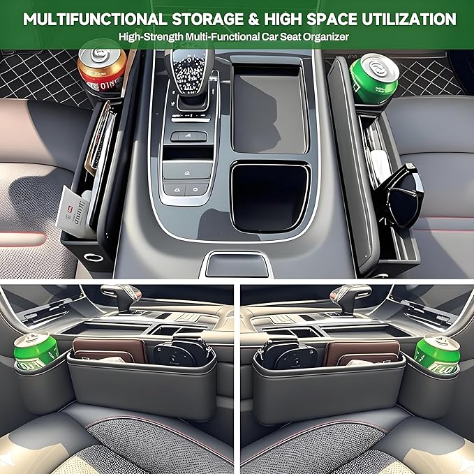 AIUSLN 2026 Upgraded 2 PC (L+R) Premium Leather Car Seat Gap Filler Organizer with Cup Holder & Storage Slot/Bag– Fits Front Seat, Holds Phone, Glasses, Cards,Keys,Car/SUV/Truck Christmas Gifts