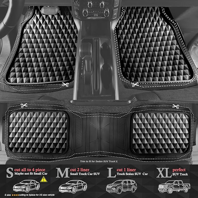 CAR PASS Heavy Duty Rubber Car Mats, Deep Dish All-Weather Floor Mat for Car Full Set Durable Anti-Slip 3D Rhombus Waterproof Trim to Fit Liner Universal Fit Automotive,Sedan,SUV,Truck, 3 Piece Black