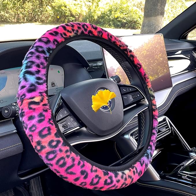 Cheetah Fuzzy Steering Wheel Cover, Girly Steering Wheel Cover, Cute Fluffy Furry Leopard Wheel Protector, Women Girl Car Christmas Decor Fit D-Shape O-Shape 14.5" to 15"