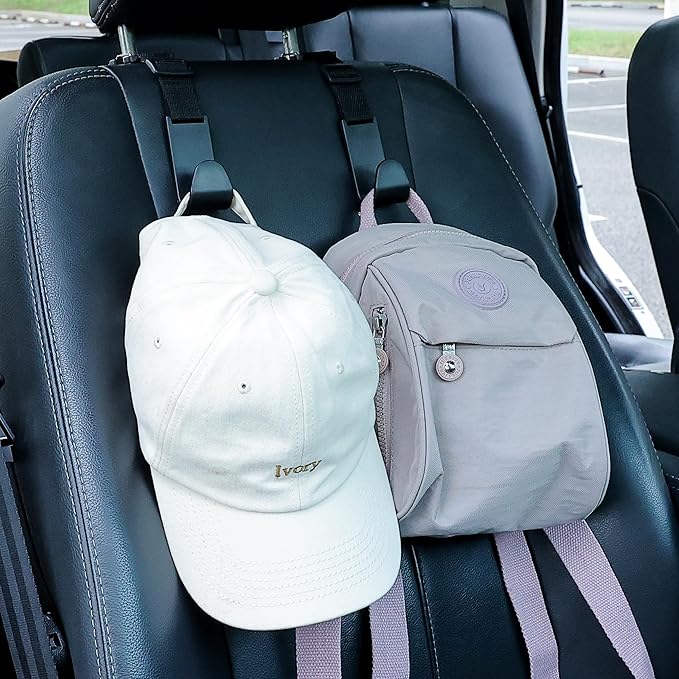 Amooca Car Headrest Hooks 4 Pack Adjustable Universal Fit Auto Seat Back Organizer Storage Hanger Purse Bags Holder with Clip Black