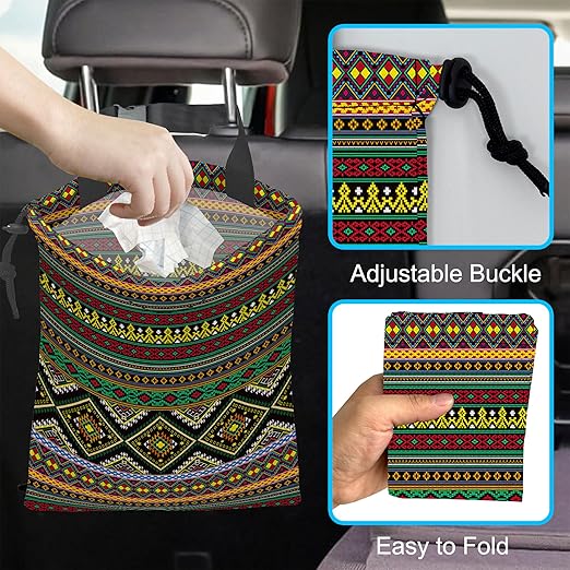 ghatobty Car Trash Bag Hanging Green Ethnic Style Car Trash Can Waterproof Garbage Bag Hanging for Car Back Seat