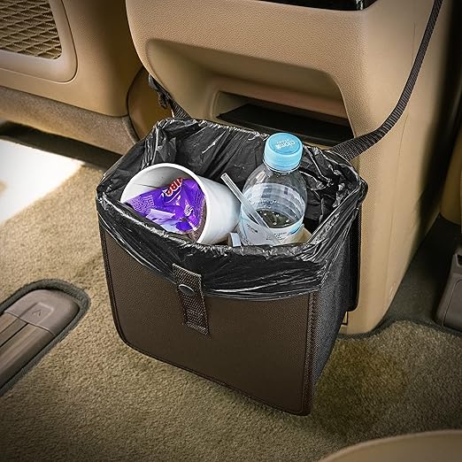 KMMOTORS Jopps Car Trash Can – Compact Foldable Bin with Strap, PU Leather & Oxford, Waterproof, Space-Saving, Simple Modern Design, Mounts on Headrest, Console, Gear Shift (Medium, Brown)
