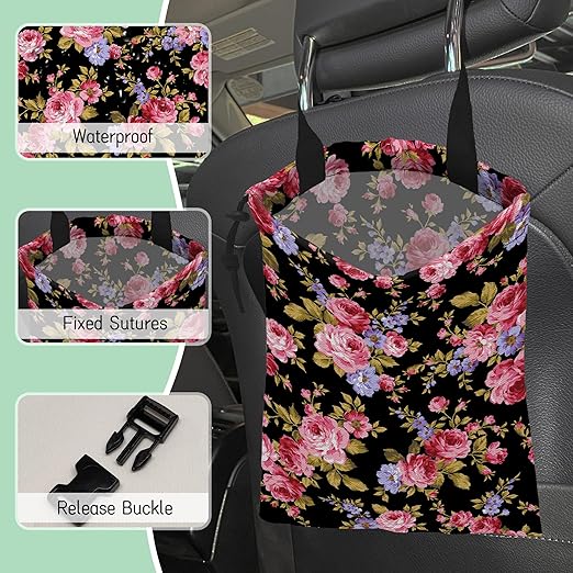 NHNXHWIA Pink Roses Car Garbage Bag,Hibiscus Waterproof Small Car Trash Bag Hanging Back of Seat,Drawstring Hanging Car Trash Bag with Adjustable Buckle for Car Accessories
