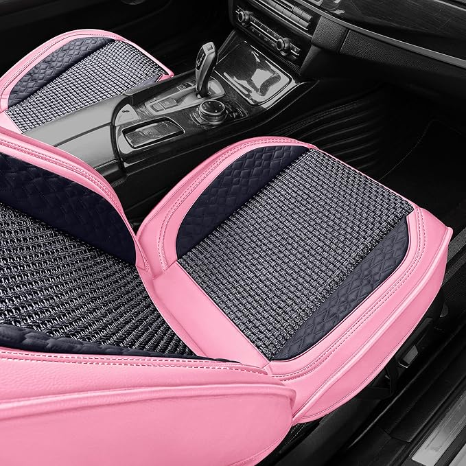 HighnessHwoo Luxury Car Seat Covers Full Set, Breathable Faux Leather Car Seat Protector, Dog Child Kids Summer Ventilated Seat Cushion for Front & Back Seats, Universal (Pink Black, 5 Seats)