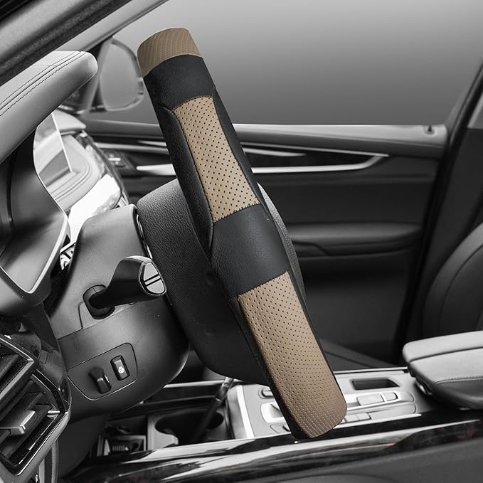 FH Group Universal Fit Deluxe Full Grain Authentic Leather Steering Wheel Cover Fits Most Cars, SUVs Beige Black