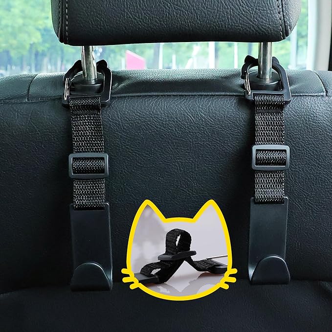 Amooca Car Headrest Hooks 4 Pack Adjustable Universal Fit Auto Seat Back Organizer Storage Hanger Purse Bags Holder with Clip Black