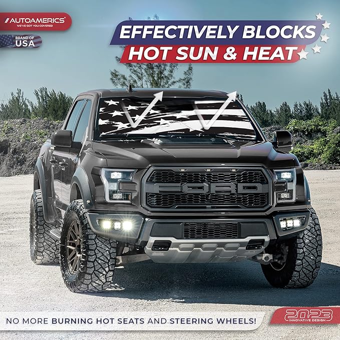 Autoamerics 1-Piece Windshield Sun Shade B&W Art American Flag USA Design - Foldable Car Front Window Sunshade for Most Sedans SUV Truck - Blocks Max UV Rays and Keeps Your Vehicle Cool - Small