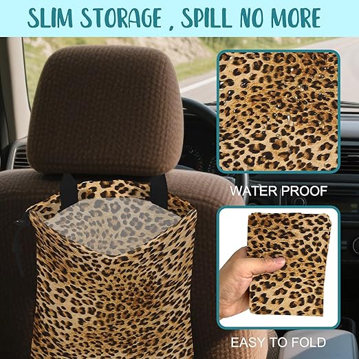 KXWQTRDD Car Trash Bag Brown Leopard Leak-Proof Waterproof Car Garbage Bag with Drawstring Foldable Canvas Trash Bin with Adjustable Buckle for Car Accessories, Travelling, Camping