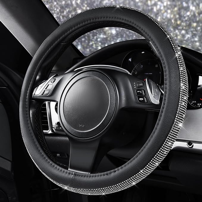 CAR PASS Diamond Black Leather Steering Wheel Cover, with Bling Crystal Rhinestones Universal Fit 14" 1/2-15" Crystal Glitter for Women Sparkle Girl Fit Suvs,Vans,Sedans,Cars,Trucks, White Diamond