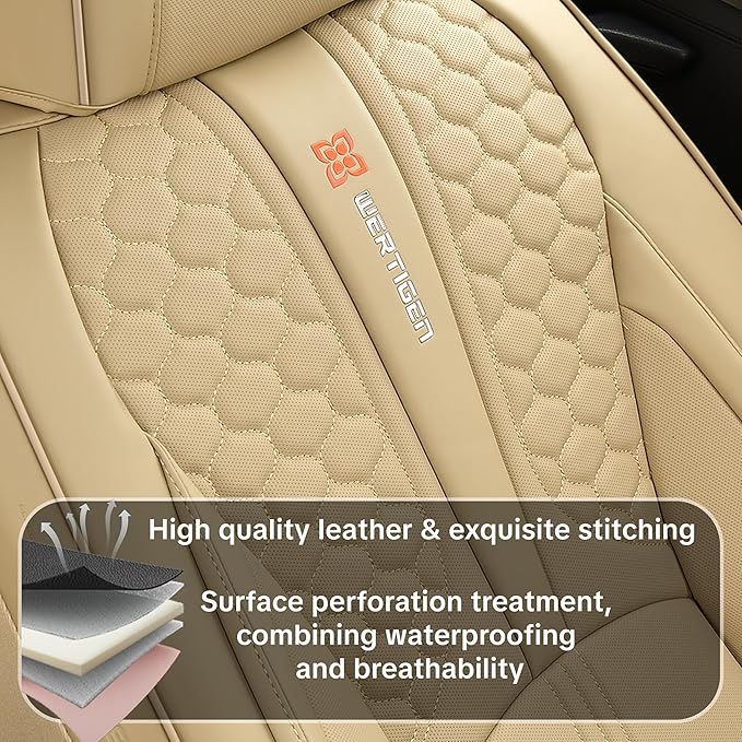 Wertigen Beige Leather Car Seat Covers - Luxury Waterproof Car Seat Protectors with Lumbar Support, Non-Slip Base, Airbag Compatibility, Easy Installation and Cleaning