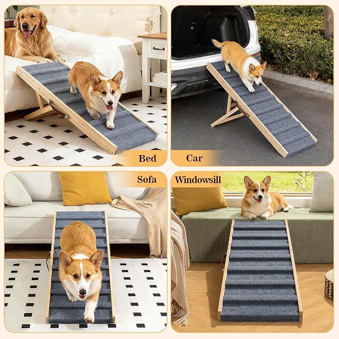 Dog Ramp for Bed, 39.4" Long Wooden Pet Ramp for Small & Large Dogs, 4 Adjustable Heights 12.2" to 22" with Anti-Slip Carpet & Carrying Handle Holds, Portable Dog ramps for Car, Bed, Couch, Outdoo
