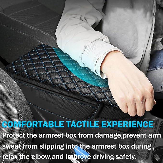 SENSHINE 1.2in Thickness Center Console Cover for Honda CRV Accessories 2023 2024 2025 2026 Middle Console Cover Leather Armrest Box Lid Protector Cushion Pad with Pockets Interior (Blue Stitch)