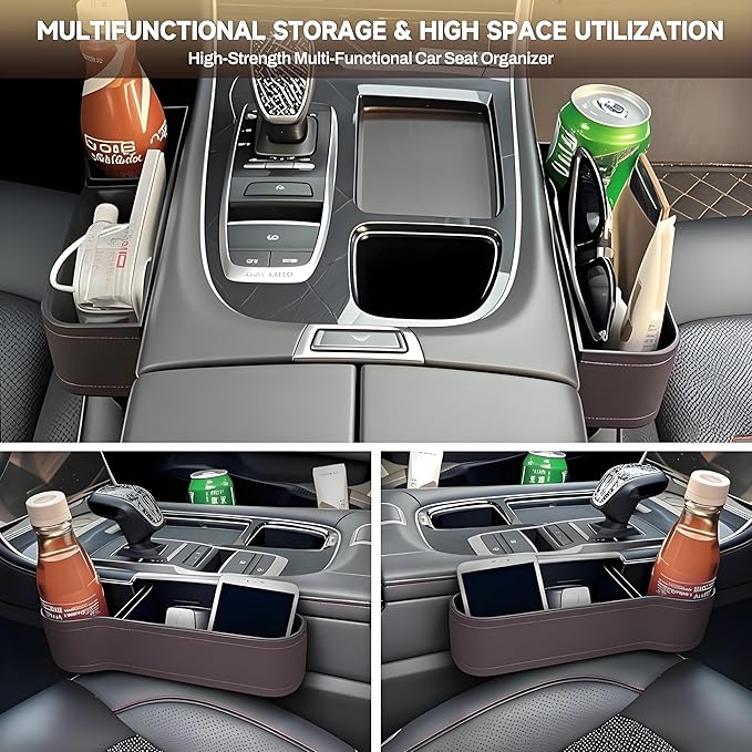 AIUSLN 2026 Upgraded 2 PC (L+R) Premium PU Leather Car Seat Gap Filler Organizer with Cup Holder & Storage Slot/Bag– Fits Front Seat, Holds Phone, Glasses, Keys,Car/SUV/Truck Christmas Gifts