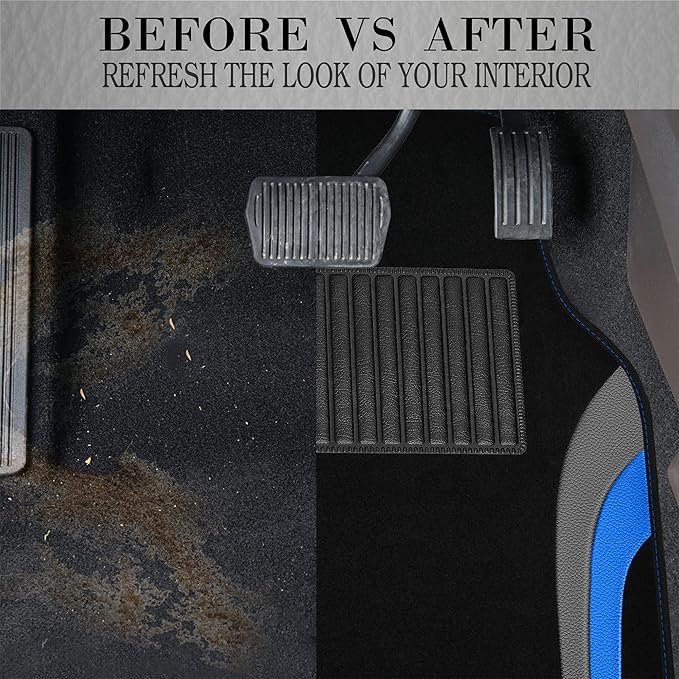 CAR PASS Leather Sporty Car Floor Mats Carpet, Universal Waterproof Automotive Floor Mat Fit for Sedans, Cars, Mid Trucks, Vans, SUV, Set of 4 (Black and Blue)