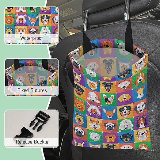 NHNXHWIA Dogs Face Car Garbage Bag,Waterproof Small Car Trash Bag Hanging Back of Seat,Drawstring Hanging Car Trash Bag with Adjustable Buckle for Car Accessories