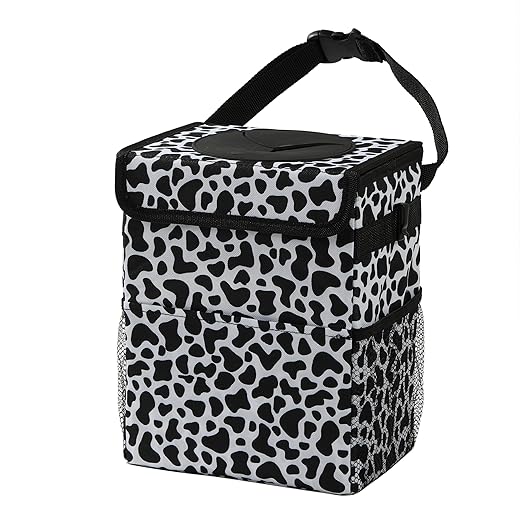 Car garbage can with lid Leak Proof Vehicle Trash Can 3 Storage Pockets Hanging Waterproof car trash bag for suv cow
