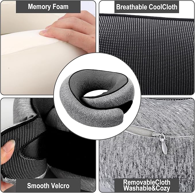 GongPath Travel Neck Pillow for Airplanes, 100% Memory Foam Neck Pillow for Sleeping, 360° Neck Support Pillow, Compact and Ergonomic Design for Travel, Car Rides, Airport (Dark Grey)